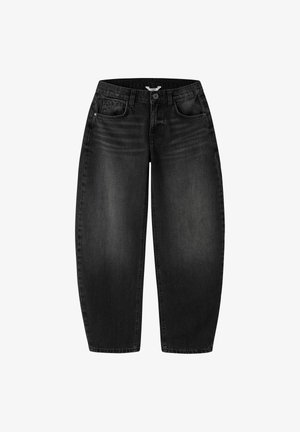 Jean noir taille haute à jambe droite avec poches avant, passants de ceinture et détails délavés sur les cuisses et les genoux.
