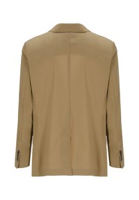 Blazer beige, design strutturato, rever a punta, spacco singolo, maniche lunghe con dettagli a bottone. Tessuto liscio, dettagli minimi.