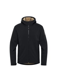 Veste à capuche noire avec un intérieur en tissu doux de couleur beige. Elle possède une fermeture éclair sur toute la longueur à l'avant et un design épuré, fabriquée en tissu lisse.