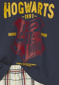 Navy t-shirt featuring a red Hogwarts crest, yellow text reading "HOGWARTS 1991" and "HOUSE PRIDE," with a plaid patterned bottom hem.