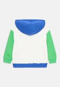 Sweatshirt à capuche avec une capuche bleue, des manches vertes et un corps blanc. Poignets et ourlet côtelés en bleu. Matière en mélange de coton doux.