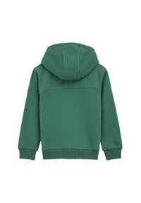 Grön sweatshirt med huva, tillverkad i mjukt bomullsblandning. Har ribbade ärmslut och fåll, med en slät yta och en enkel design.