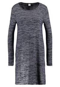 Robe à manches longues en tissu texturé de couleur marine, avec un motif chiné subtil. Dispose d'un col rond et d'une coupe décontractée.