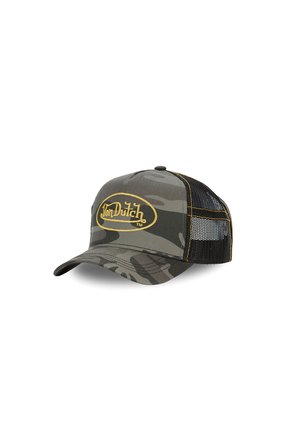 Camouflage-Baseballkappe mit gelber "Von Dutch" Logo-Stickerei und schwarzen Mesh-Rückenteilen, gezeigt auf weißem Hintergrund.
