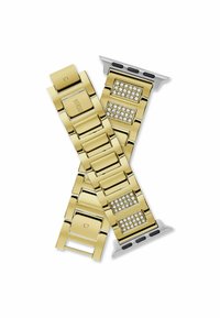 Złoty metalowy pasek do zegarka z wypolerowanymi ogniwami, z dwiema dekoracyjnymi sekcjami osadzonymi w przezroczystych kryształach oraz srebrnym łącznikiem.