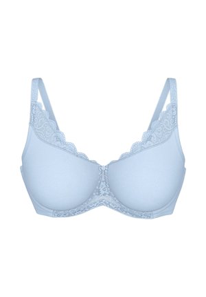 Světle modrá podprsenka s kosticemi z hladké tkaniny, s krajkovými doplňky a vroubkovanými okraji; nastavitelné ramínka a zapínání na háčky na zádech.