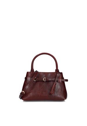 Brown leather handbag with double handles, a front belt with gold buckle, and a detachable shoulder strap on a white background.