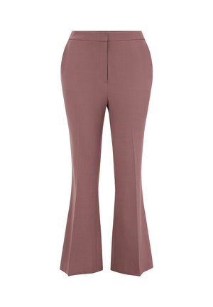 Porcelánrózsaszín anyagból készült, bővülő szárú nadrág, sima textúrával, testhezálló derékkal és diszkrét oldalzsebekkel, testreszabott megjelenésért.