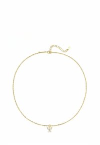 Collana in oro a catena attorcigliata con pendente a farfalla decorato con cristalli trasparenti, dotata di chiusura regolabile per diverse lunghezze.