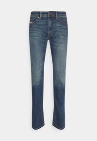 Mörkblå denimjeans med rak passform, med subtil blekning, femfickorsdesign och kontrasterande sömmar längs kanterna.