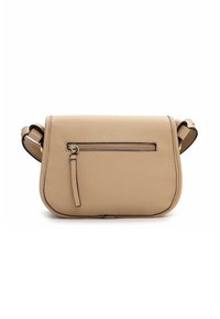 Beež nahast üle keha kott, millel on tekstureeritud pind, ümar kuju, esine lukuga tasku ja mustad aktsendid servadel.