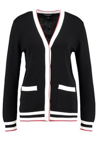 Svart cardigan med V-hals, vita knappar och kontrasterande röd kant. Har två framfickor samt ribbade ärmslut och fåll.