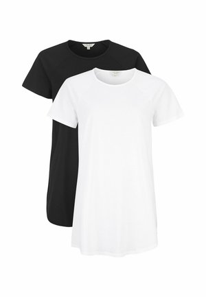 Zwei kurzärmlige T-Shirts in Schwarz und Weiß, aus Baumwolle, mit Rundhalsausschnitt und Raglanärmeln für eine entspannte Passform.