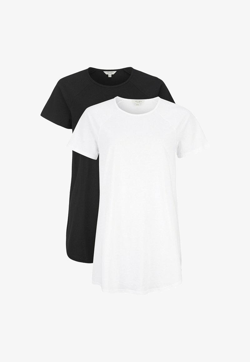 To korte ærmelige t-shirts i sort og hvid, lavet af bomuld, med rund hals og raglanærmer for en afslappet pasform.