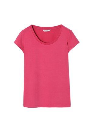 T-shirt en coton rose à manches courtes avec un col rond, présentant une texture lisse et une coupe décontractée. Design simple, sans motifs ni accents.