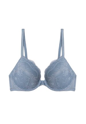 Lichtblauwe kanten beha met padded cups, verstelbare bandjes, bloemenpatronen en een haak- en oogsluiting aan de voorkant.