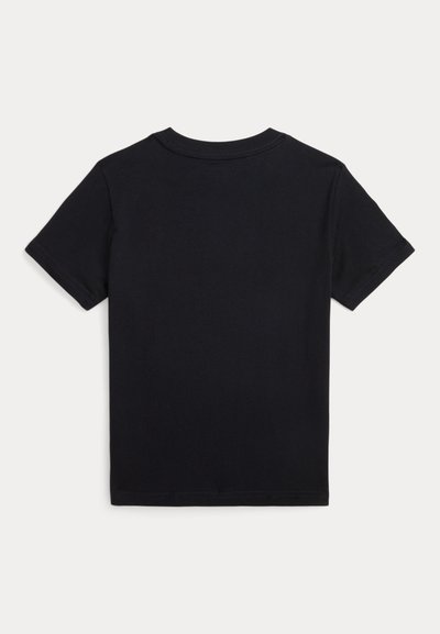 Sort bomulds t-shirt med korte ærmer, rund hals og en glat tekstur. Har et rent, simpelt design uden mønstre eller detaljer.