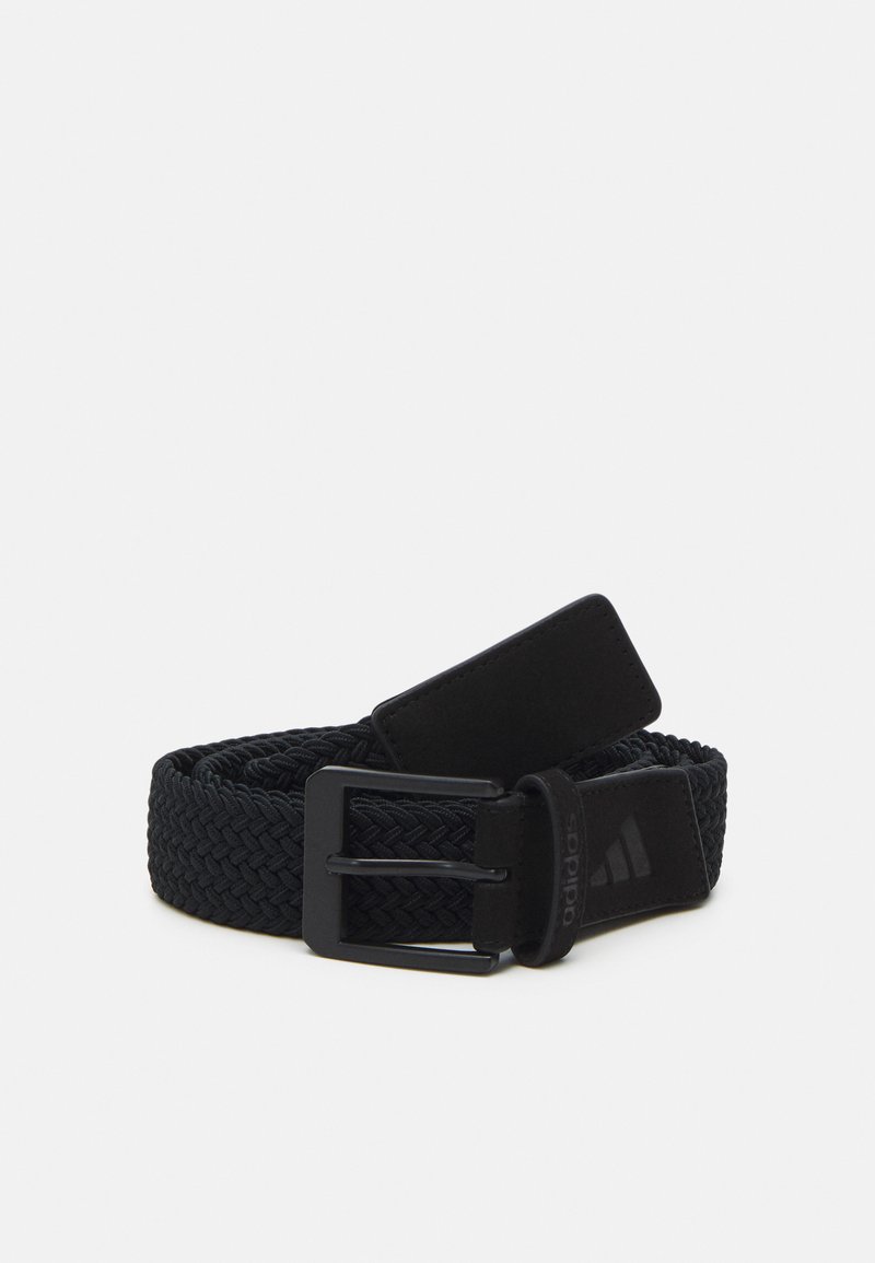 Black woven belt featuring a metal buckle and a suede tip. Includes an embossed logo on the tip, with a smooth texture and flexible design.
