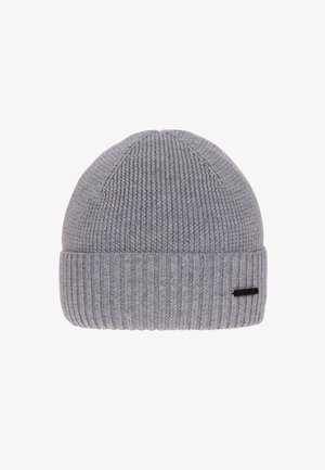 Graue gestrickte Mütze mit einem umgeschlagenen, gerippten Bündchen, die eine glatte Textur aufweist und an der Seite ein kleines schwarzes Etikett trägt. Geeignet für kaltes Wetter.