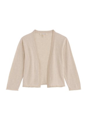 Beež avatud esiosa kardigan pika varruka ja soonikkoes äärisega, valmistatud pehmest kootud kangast.