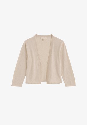 Beež avatud esiosa kardigan pika varruka ja soonikkoes äärisega, valmistatud pehmest kootud kangast.