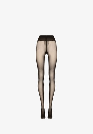 Sheer black tights with a smooth texture, high waistband, and seamless design, featuring a gradient from opaque to transparent.