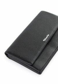 Black leather wallet with a textured finish, slim design, and a magnetic flap closure. Features subtle branding in white.