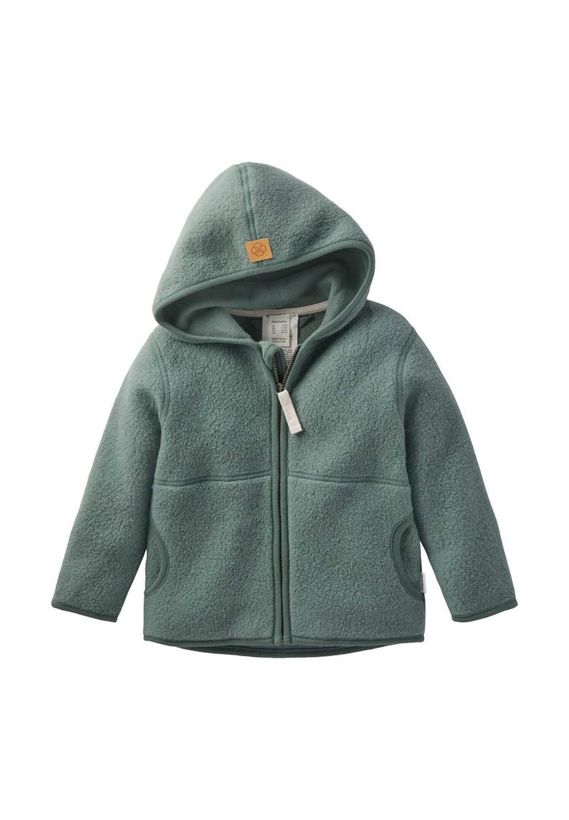 Fleece-Hoodie in sanftem Grün, mit einem Frontreißverschluss, zwei seitlichen Taschen und einer Kapuze. Beinhaltet ein kleines Logo-Patch auf der Vorderseite.