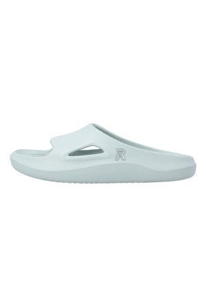 Sandale bleu clair à enfiler avec bout ouvert, découpe latérale, semelle intérieure profilée et petit logo "R" sur la bride.