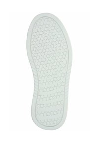 Valkoinen kenkäpohja, jossa on kuusikulmaisia ja pyöreitä kuvioita pitoon, kuvattuna pohjasta valkoista taustaa vasten.