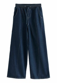 Pantaloni in denim a vita alta e gamba ampia in blu scuro, dotati di una cintura elastica con coulisse, due tasche laterali e dettagli di cucitura in contrasto.