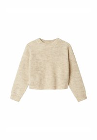 Pull court beige avec une texture côtelée douce, un col rond et des manches longues. Design simple, matériau léger.