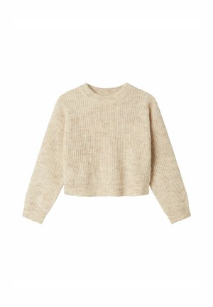 Maglione cropped beige con una morbida texture a coste, scollo rotondo e maniche lunghe. Design semplice, materiale leggero.