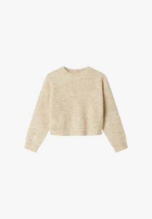 Pull court beige avec une texture côtelée douce, un col rond et des manches longues. Design simple, matériau léger.