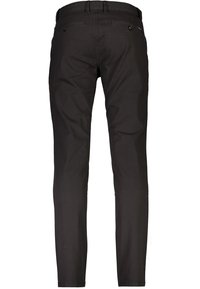 Black slim-fit pants shown from the back with two buttoned back pockets and visible belt loops.