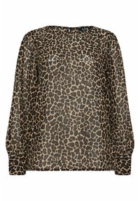 Blusa a stampa leopardata realizzata in tessuto leggero, con maniche lunghe, scollo rotondo e dettagli con polsini elastici. Motivo marrone e nero.