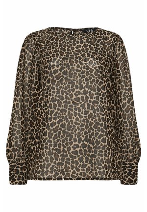 Kuvioitu leoparditakki, joka on valmistettu kevyestä kankaasta, pitkähihaisilla hihoilla, pyöreällä pääntiellä ja joustavilla hihansuun yksityiskohdilla. Ruskea ja musta kuosi.