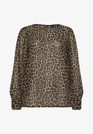 Kuvioitu leoparditakki, joka on valmistettu kevyestä kankaasta, pitkähihaisilla hihoilla, pyöreällä pääntiellä ja joustavilla hihansuun yksityiskohdilla. Ruskea ja musta kuosi.