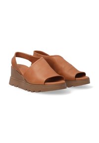 Brown leather wedge sandals with an open toe design, featuring a smooth texture and a thick, textured sole for grip.
