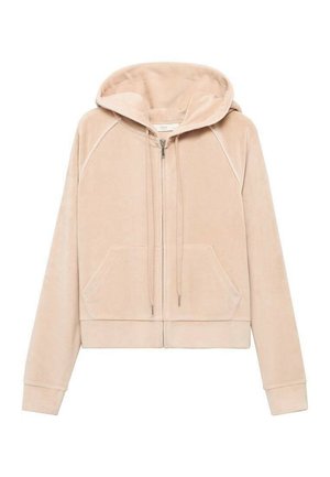 Beige zip-up hoodie made of soft fabric, featuring a hood, front pockets, and ribbed cuffs. Smooth texture with understated design details.