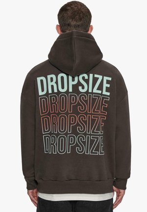 Brown hoodie featuring repeated "DROPSIZE" text in varying colors on the back, with a relaxed fit and a drawstring hood.
