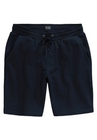 Marineblaue Baumwollmischung-Shorts mit elastischem Bund, Kordelzug und zwei Seitentaschen; glatte Textur, mittellanges Design.