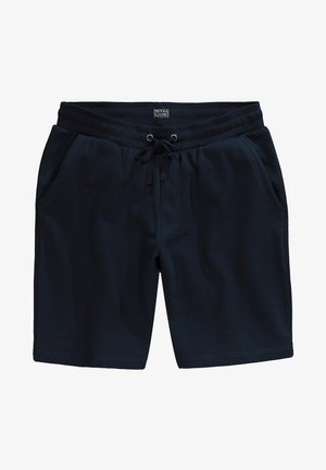 Mørkeblå shorts i bomuldsblanding med elastisk talje, snørelukning og to sidelommer; glat tekstur, mellemlang design.