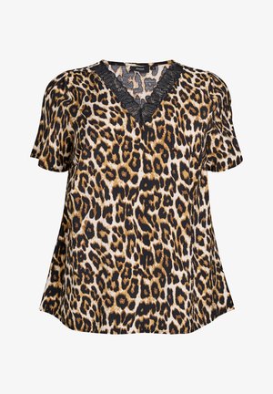 Top w panterkę z dekoltem w kształcie litery V, krótkimi rękawami i koronkowym wykończeniem. Wykonany z lekkiego materiału w odcieniach czerni, brązu i kremu.