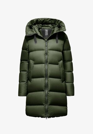 Long olive green padded coat with front zipper, side pockets, high collar, and hood with black drawstring cords.