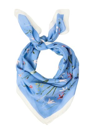 Blåt silkeskjerf med hvid kant, prydet med delikate flerfarvede blomsterprint, bundet i en løs knude.