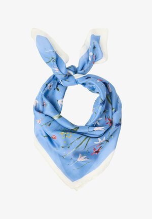 Sininen silkkihuivi valkoisella reunuksella, koristeltu herkällä monivärisellä kukkakuviolla, solmittu löyhästi solmuun.