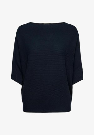 Marineblaues Ribstrick-Pullover mit weitem Bootsausschnitt und locker sitzenden kurzen Ärmeln. Einfaches Design, weiche Textur und entspannte Form.