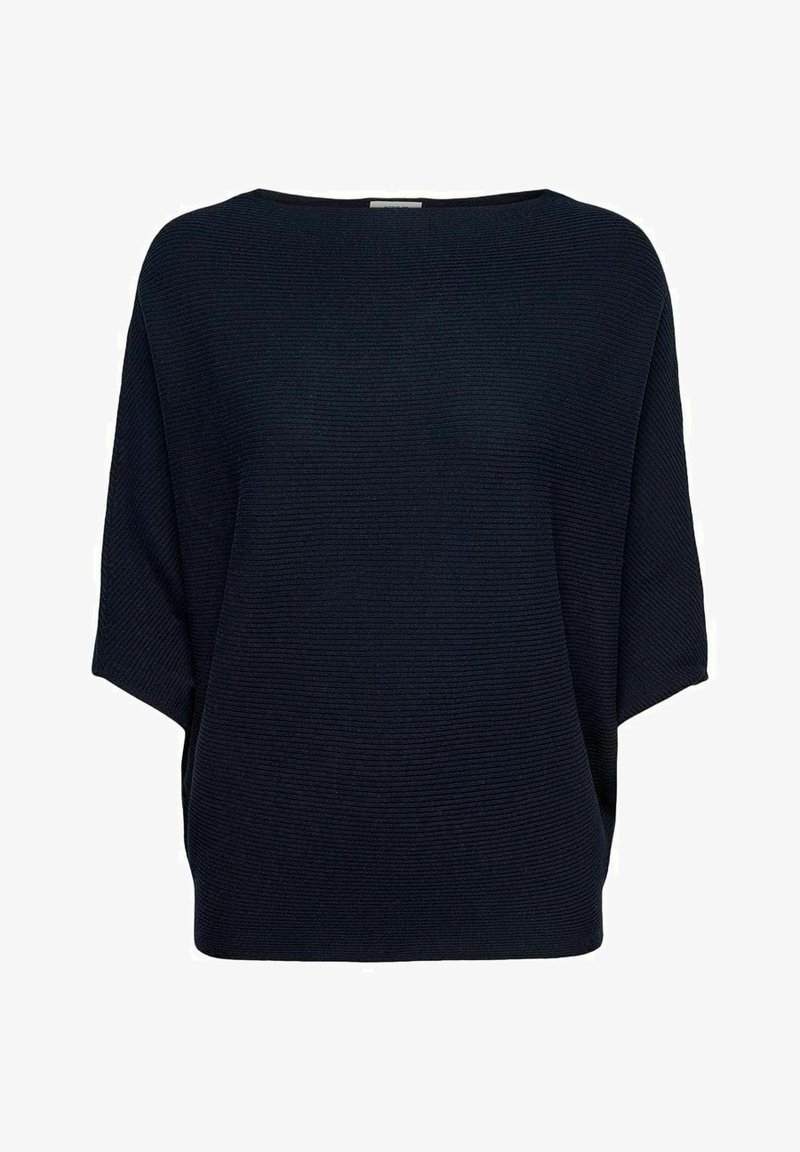 Granatowy sweter o prążkowanej strukturze z szerokim dekoltem w łódkę i luźnymi, krótkimi rękawami. Prosty fason, miękka tekstura i swobodny kształt.