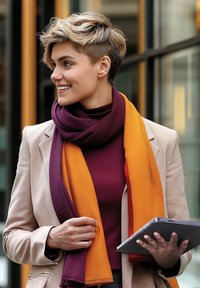 Frau mit kurzem blonden Haar, die ein beiges Blazerjacke und einen lila-orangen Schal trägt, ein Tablet hält, lächelt und nach draußen zur Seite schaut.